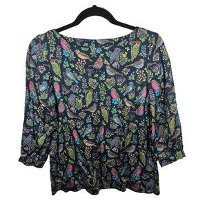 J Jill Top Womens XS Petite Blue Tunic 3/4 Sleeve Lightweight Birds Summer